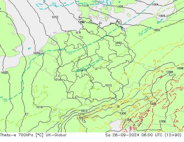 Theta-e 700гПа UK-Global сб 28.09.2024 06 UTC