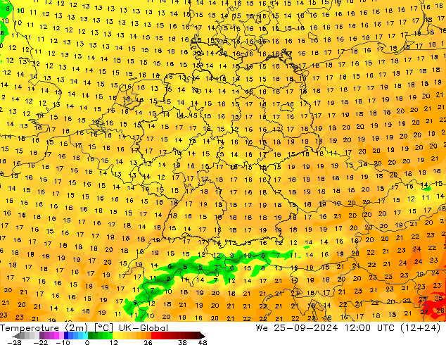 Temperatura (2m) UK-Global Qua 25.09.2024 12 UTC