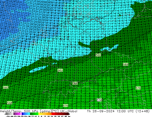 Height/Temp. 500 hPa UK-Global Th 26.09.2024 12 UTC