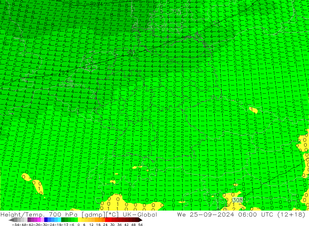 Height/Temp. 700 hPa UK-Global Qua 25.09.2024 06 UTC