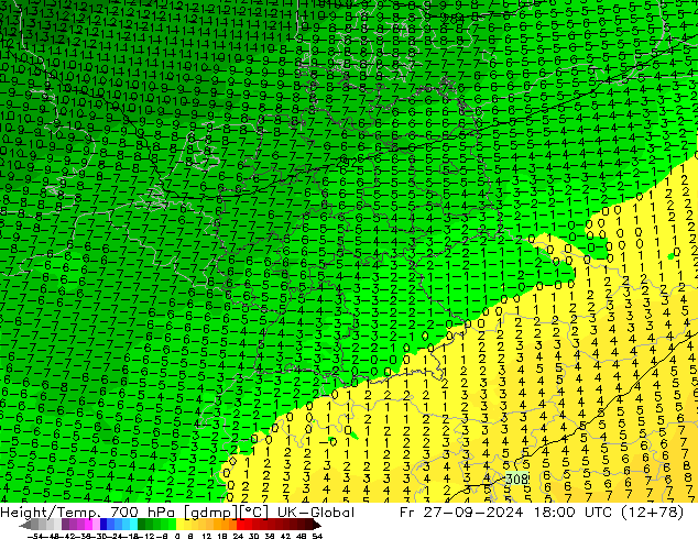 Height/Temp. 700 гПа UK-Global пт 27.09.2024 18 UTC