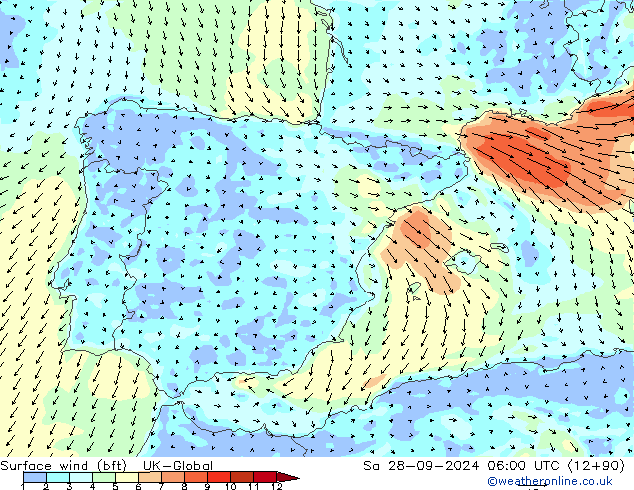 Surface wind (bft) UK-Global Sa 28.09.2024 06 UTC