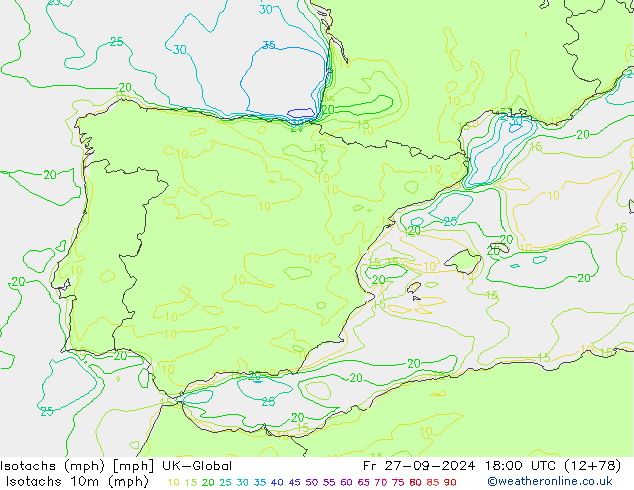 Isotachs (mph) UK-Global пт 27.09.2024 18 UTC