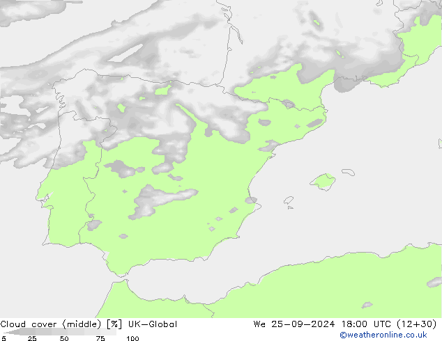 Cloud cover (middle) UK-Global We 25.09.2024 18 UTC