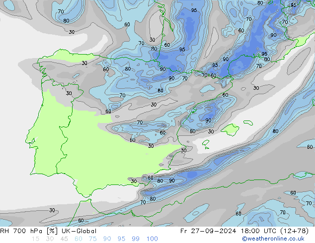 RH 700 гПа UK-Global пт 27.09.2024 18 UTC