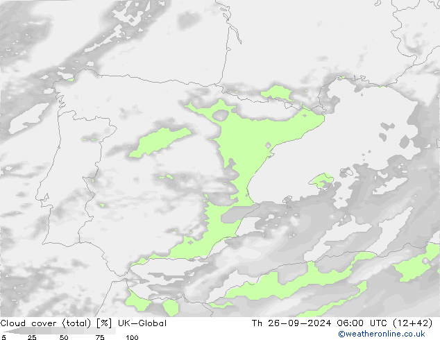 Cloud cover (total) UK-Global Th 26.09.2024 06 UTC