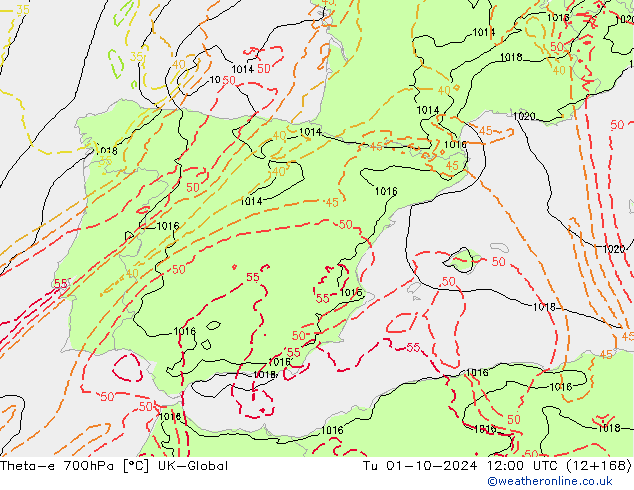 Theta-e 700hPa UK-Global mar 01.10.2024 12 UTC