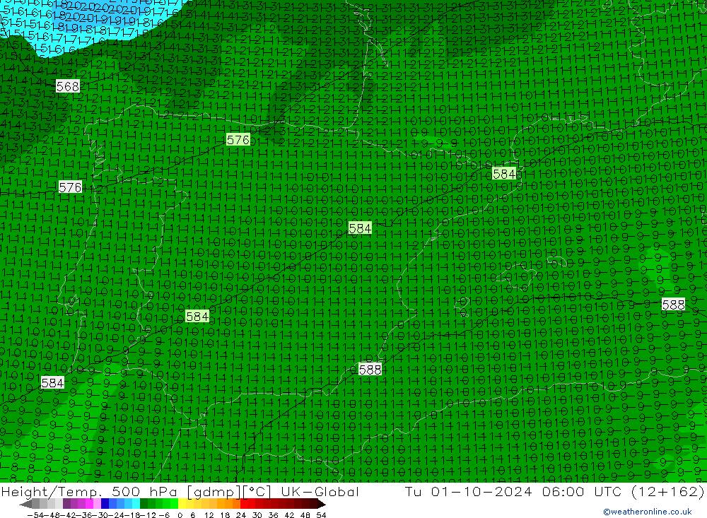 Yükseklik/Sıc. 500 hPa UK-Global Sa 01.10.2024 06 UTC