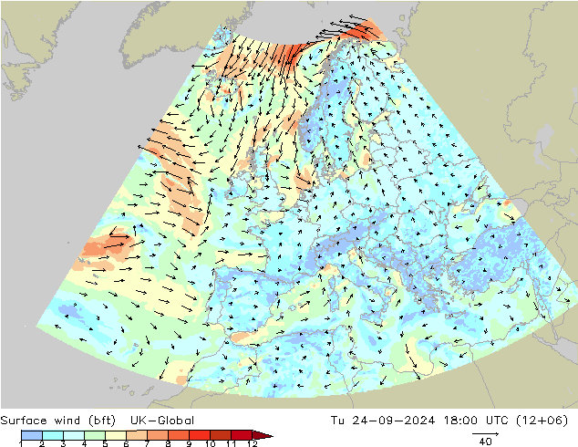 Surface wind (bft) UK-Global Tu 24.09.2024 18 UTC