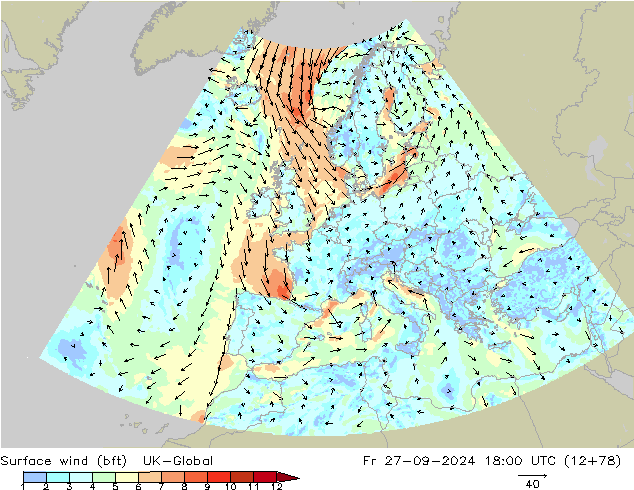 Surface wind (bft) UK-Global Fr 27.09.2024 18 UTC