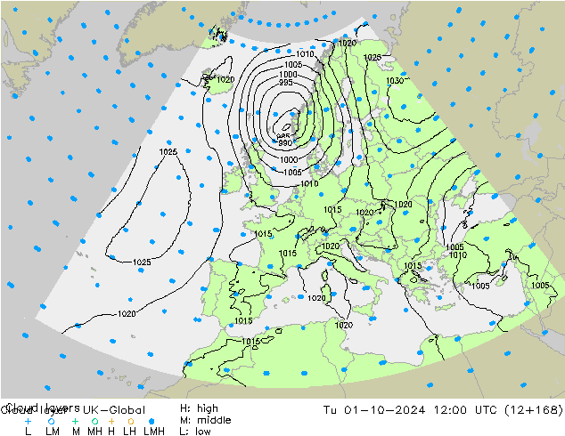 Cloud layer UK-Global вт 01.10.2024 12 UTC