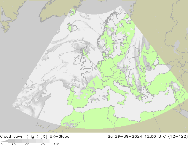 Cloud cover (high) UK-Global Su 29.09.2024 12 UTC