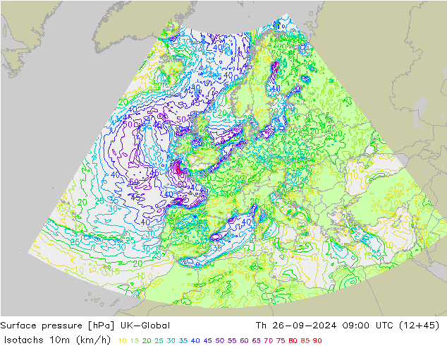 Isotachs (kph) UK-Global gio 26.09.2024 09 UTC