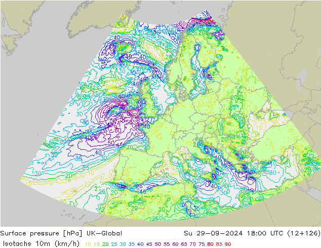 Isotachs (kph) UK-Global Ne 29.09.2024 18 UTC