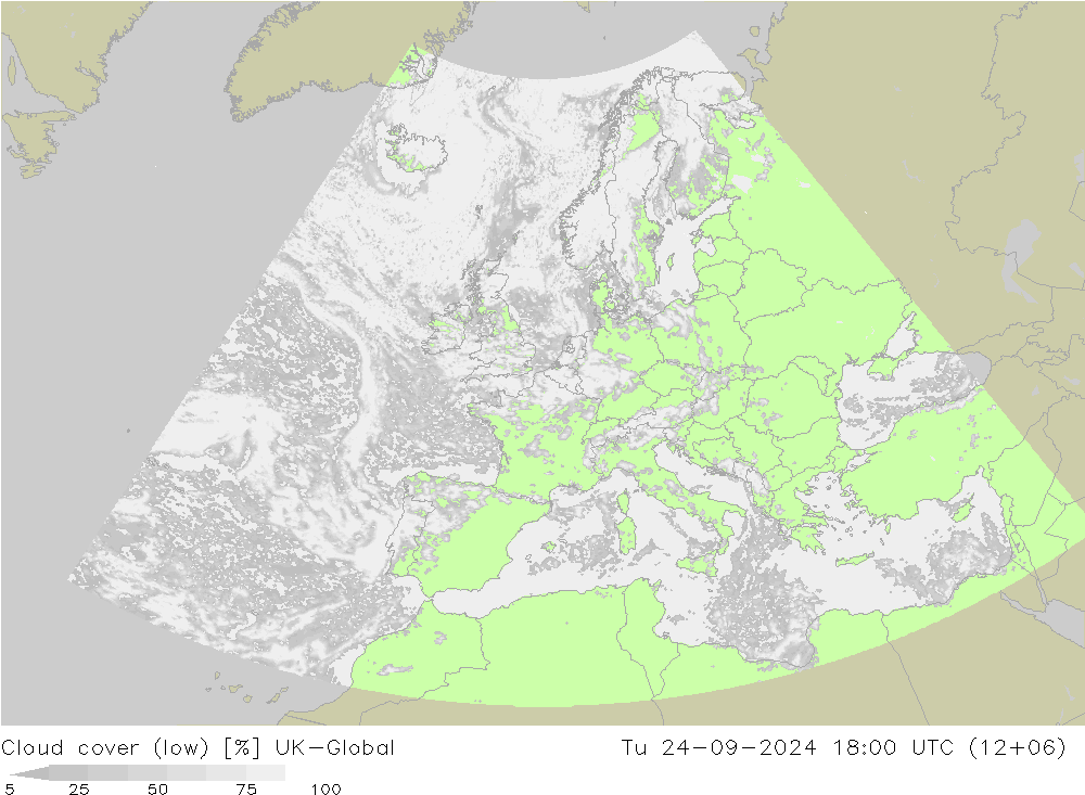 Cloud cover (low) UK-Global Tu 24.09.2024 18 UTC