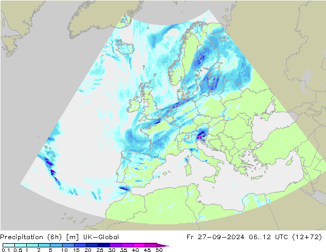 Precipitation (6h) UK-Global Fr 27.09.2024 12 UTC