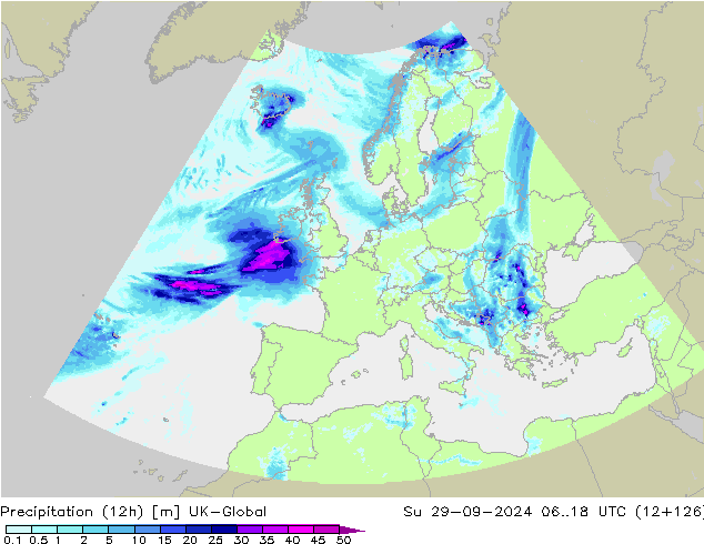 Totale neerslag (12h) UK-Global zo 29.09.2024 18 UTC