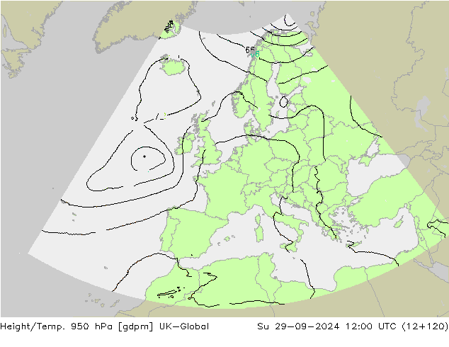 Géop./Temp. 950 hPa UK-Global dim 29.09.2024 12 UTC
