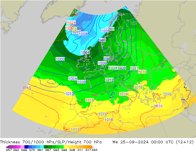 Thck 700-1000 hPa UK-Global We 25.09.2024 00 UTC