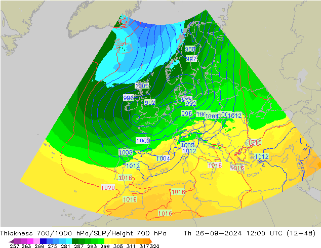 Thck 700-1000 hPa UK-Global Th 26.09.2024 12 UTC