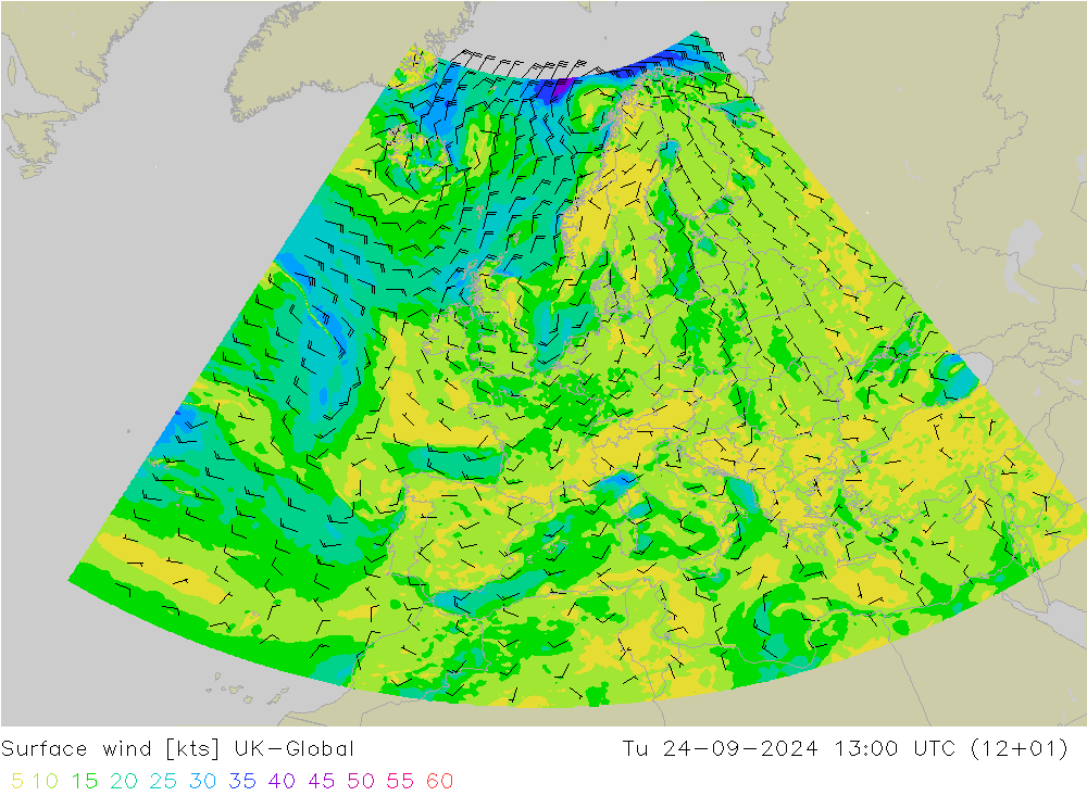 Surface wind UK-Global Tu 24.09.2024 13 UTC