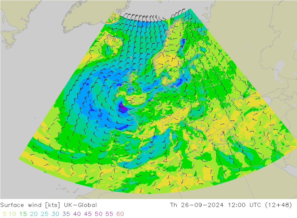 Surface wind UK-Global Th 26.09.2024 12 UTC