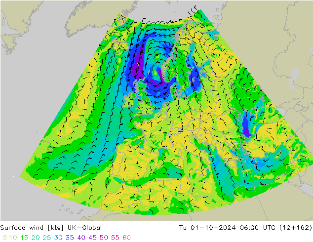 Surface wind UK-Global Tu 01.10.2024 06 UTC