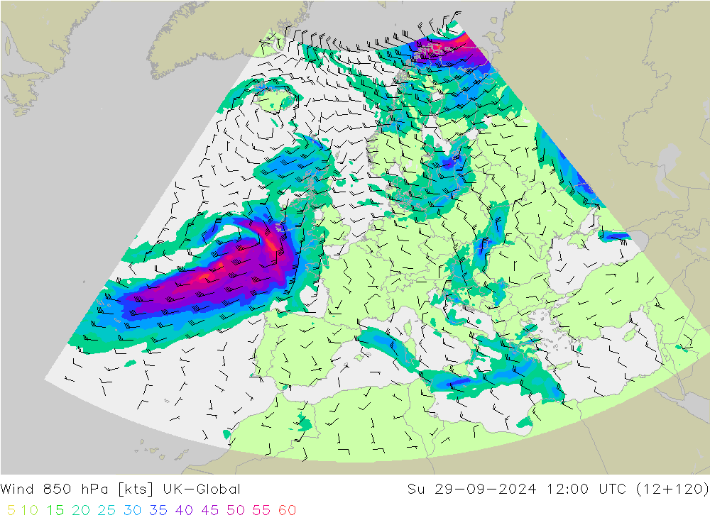 Wind 850 hPa UK-Global So 29.09.2024 12 UTC