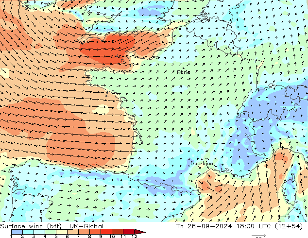 Surface wind (bft) UK-Global Čt 26.09.2024 18 UTC