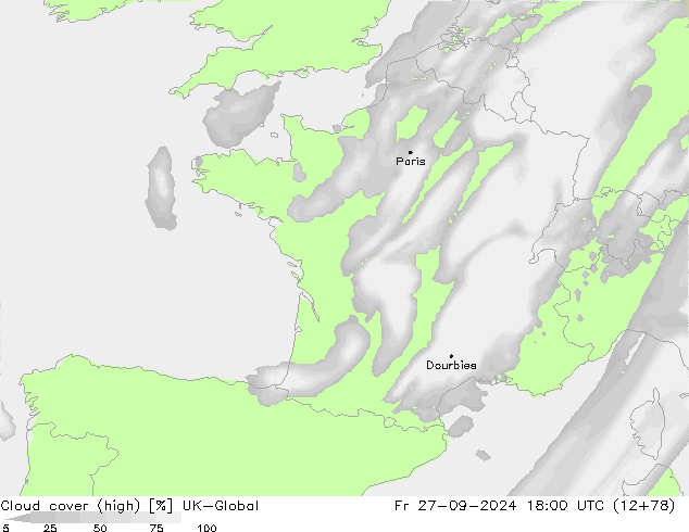 Cloud cover (high) UK-Global Fr 27.09.2024 18 UTC