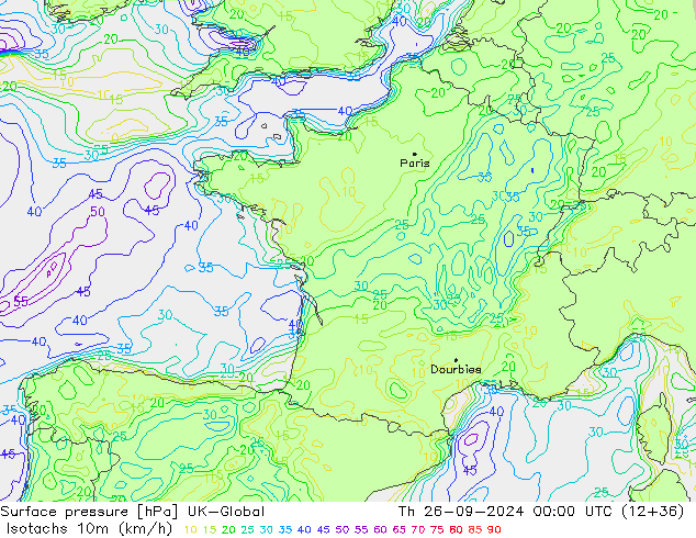 Isotachs (kph) UK-Global Th 26.09.2024 00 UTC