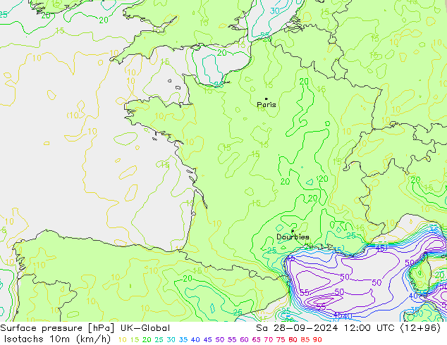 Isotachs (kph) UK-Global Sa 28.09.2024 12 UTC