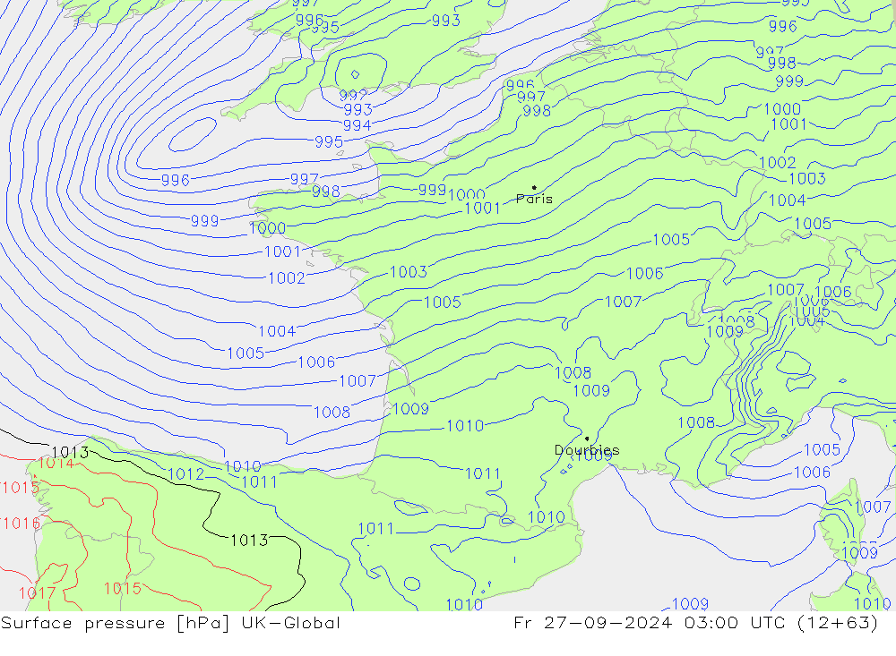 Pressione al suolo UK-Global ven 27.09.2024 03 UTC