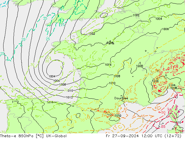 Theta-e 850hPa UK-Global Fr 27.09.2024 12 UTC