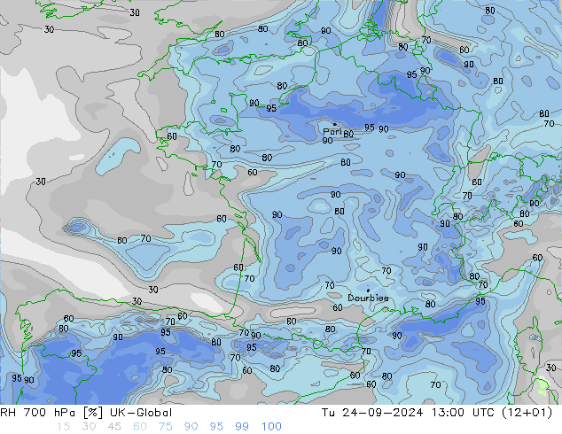 Humedad rel. 700hPa UK-Global mar 24.09.2024 13 UTC