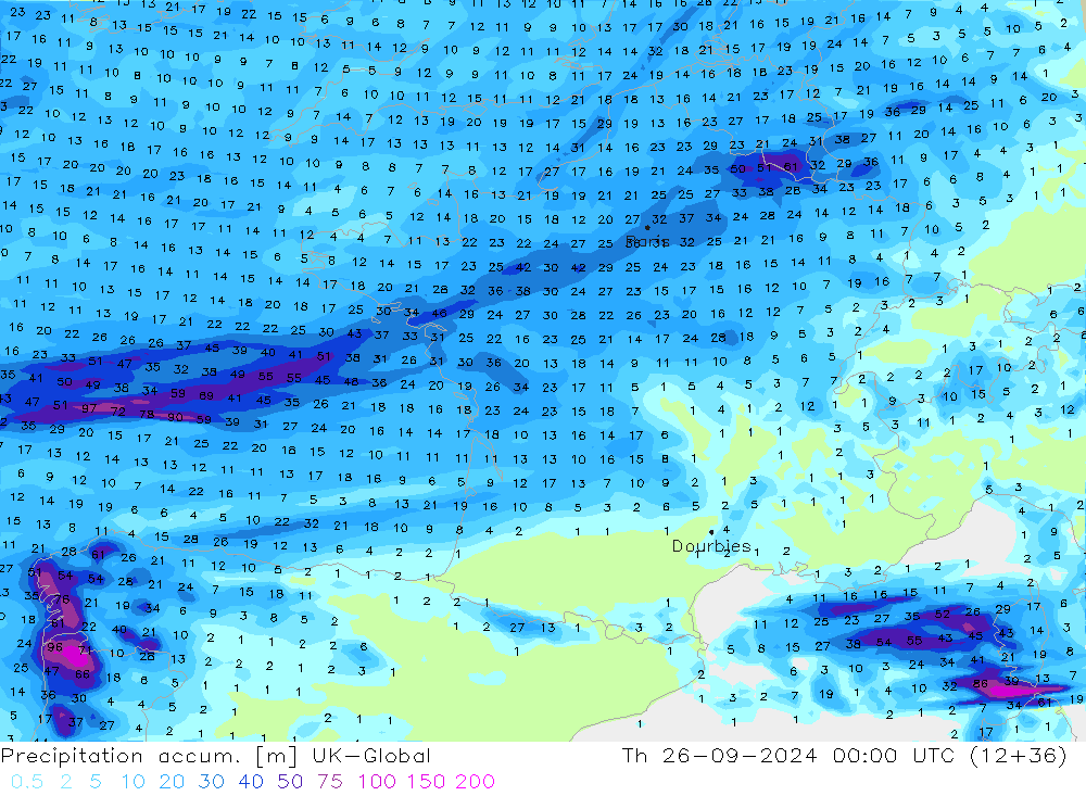 Precipitation accum. UK-Global Čt 26.09.2024 00 UTC