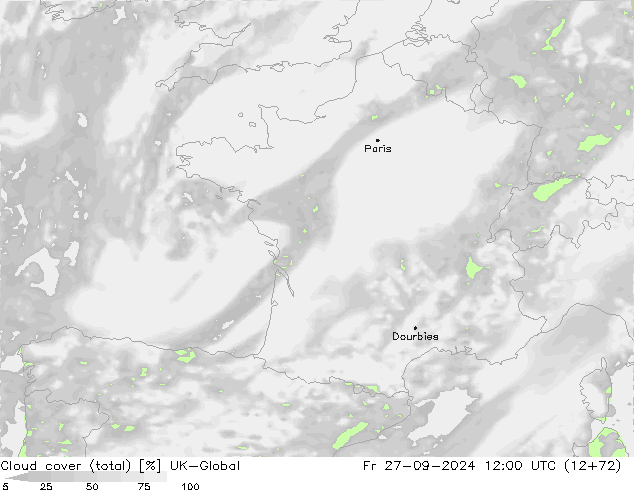 Bewolking (Totaal) UK-Global vr 27.09.2024 12 UTC