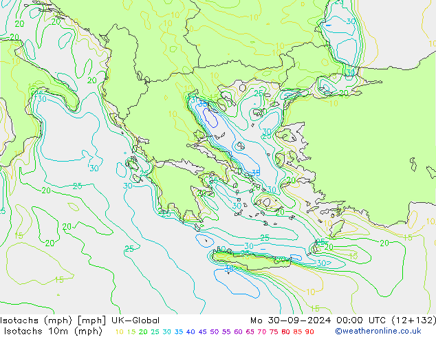 Izotacha (mph) UK-Global pon. 30.09.2024 00 UTC