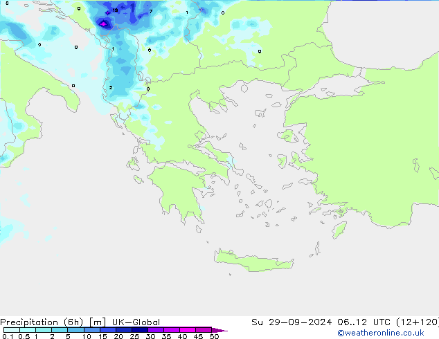 Precipitation (6h) UK-Global Su 29.09.2024 12 UTC