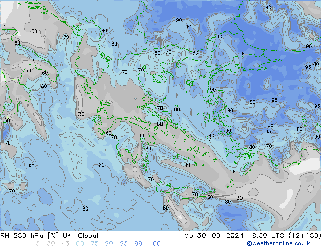 Humidité rel. 850 hPa UK-Global lun 30.09.2024 18 UTC