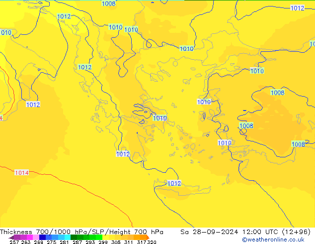 Thck 700-1000 гПа UK-Global сб 28.09.2024 12 UTC