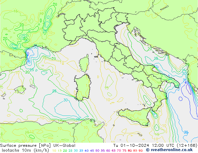 Isotachs (kph) UK-Global Tu 01.10.2024 12 UTC