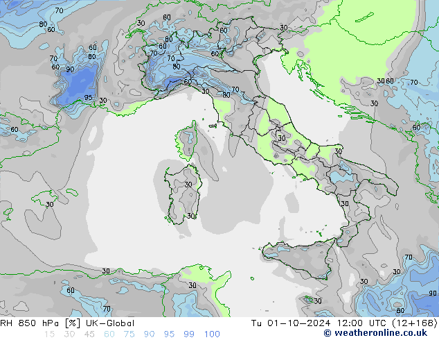 RH 850 hPa UK-Global wto. 01.10.2024 12 UTC
