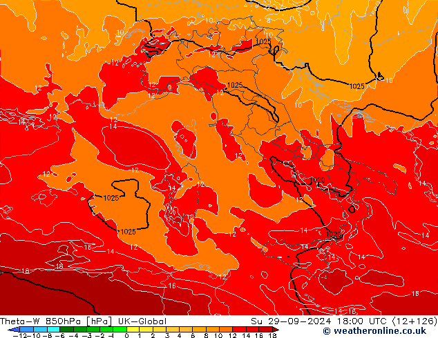 Theta-W 850hPa UK-Global Dom 29.09.2024 18 UTC