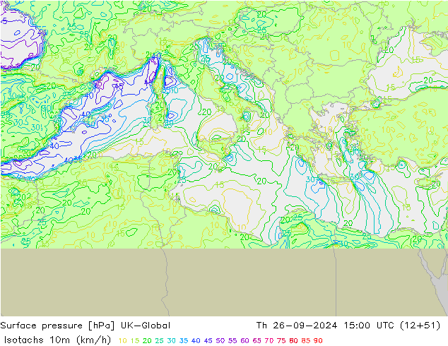 Isotachs (kph) UK-Global чт 26.09.2024 15 UTC