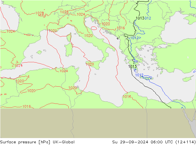 Surface pressure UK-Global Su 29.09.2024 06 UTC