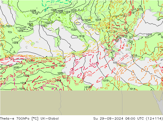 Theta-e 700hPa UK-Global Su 29.09.2024 06 UTC