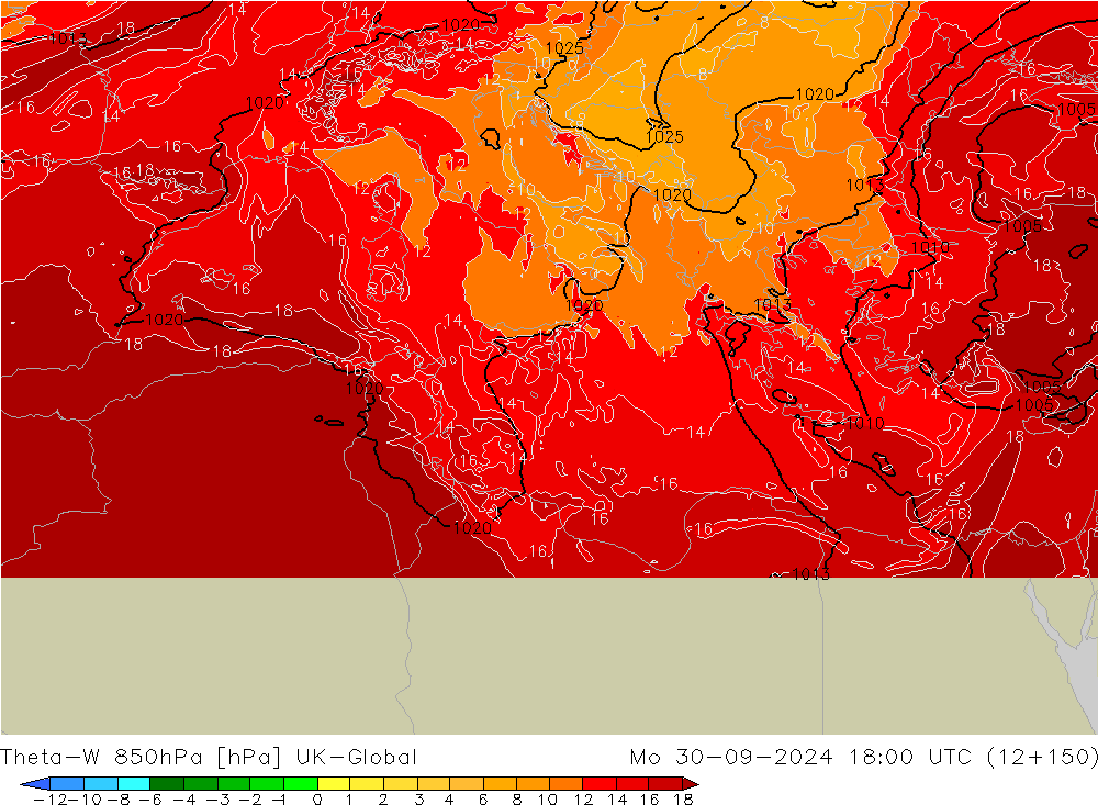 Theta-W 850hPa UK-Global Pzt 30.09.2024 18 UTC