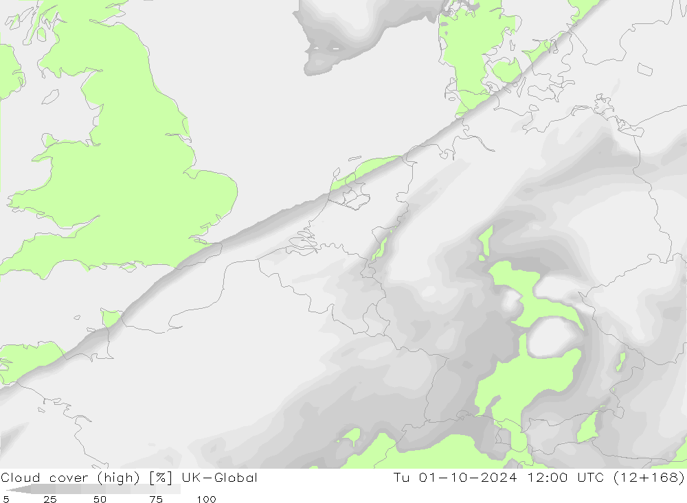 Cloud cover (high) UK-Global Tu 01.10.2024 12 UTC