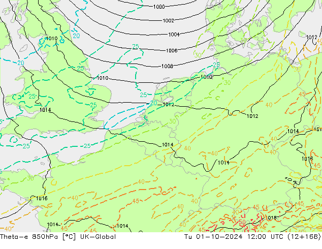 Theta-e 850hPa UK-Global mar 01.10.2024 12 UTC